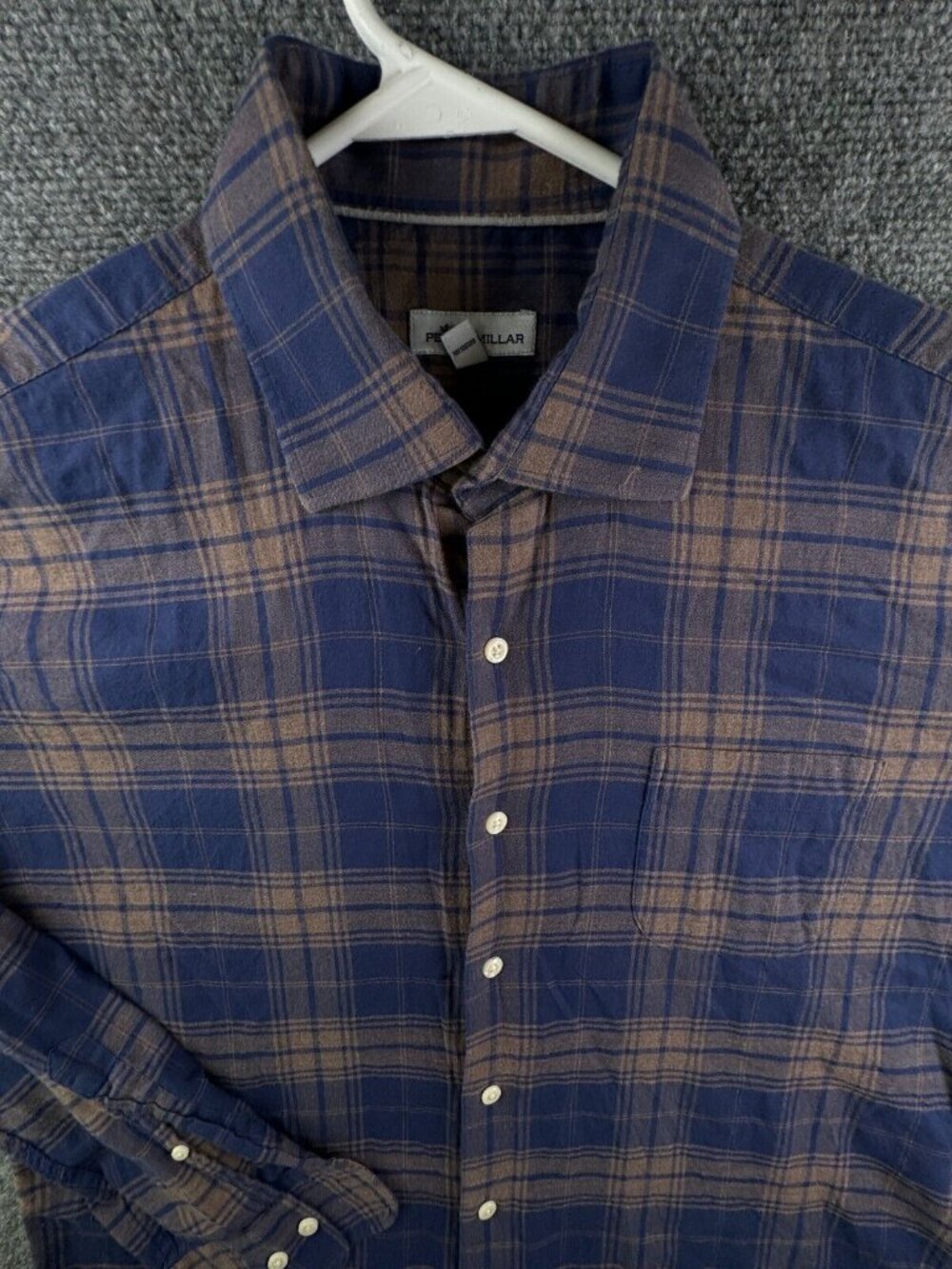 Peter Millar Flannel Shirt Plaid Brown Blue Long Sleeve Button Up Men Large Soft